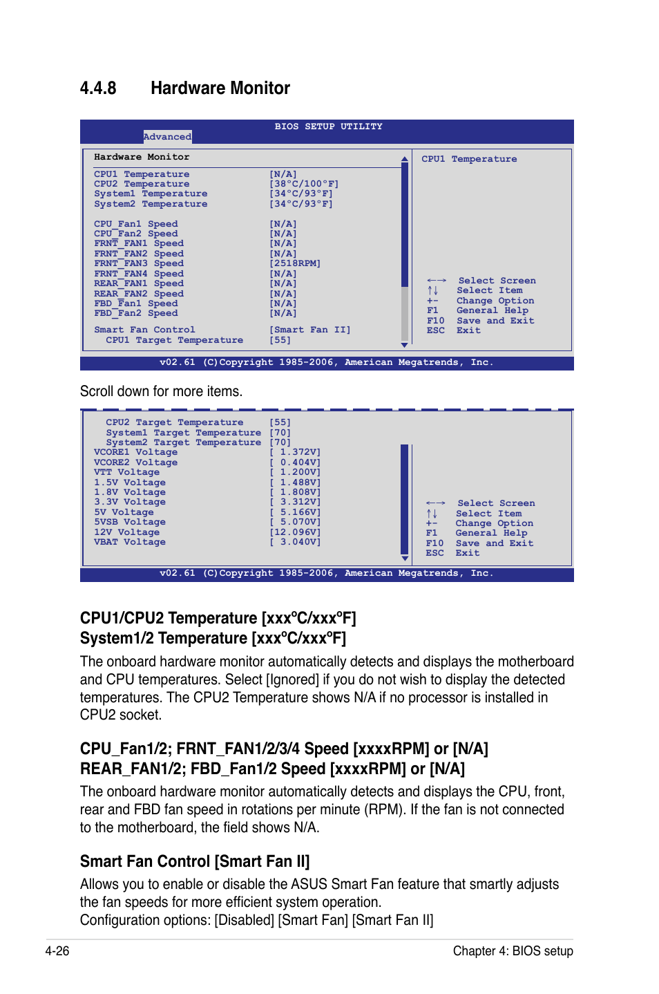 8 hardware monitor, Hardware monitor -26, Smart fan control [smart fan ii | Scroll down for more items, 26 chapter 4: bios setup | Asus DSEB-D16/SAS User Manual | Page 98 / 200