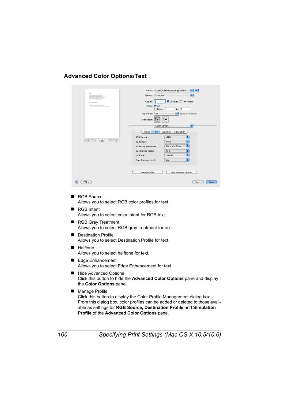 Advanced color options/text, Advanced color options/text 100 | Konica Minolta magicolor 5650EN User Manual | Page 120 / 430