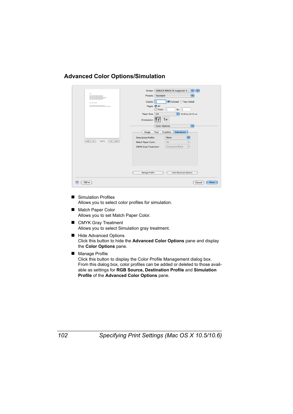 Advanced color options/simulation, Advanced color options/simulation 102 | Konica Minolta magicolor 5650EN User Manual | Page 122 / 430