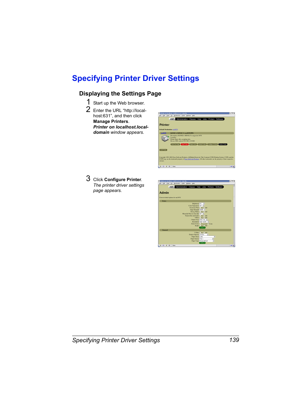 Specifying printer driver settings, Specifying printer driver settings 139 | Konica Minolta magicolor 5650EN User Manual | Page 159 / 430