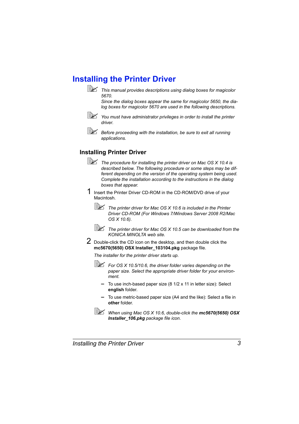 Installing the printer driver, Installing printer driver, Installing the printer driver 3 | Installing printer driver 3 | Konica Minolta magicolor 5650EN User Manual | Page 23 / 430