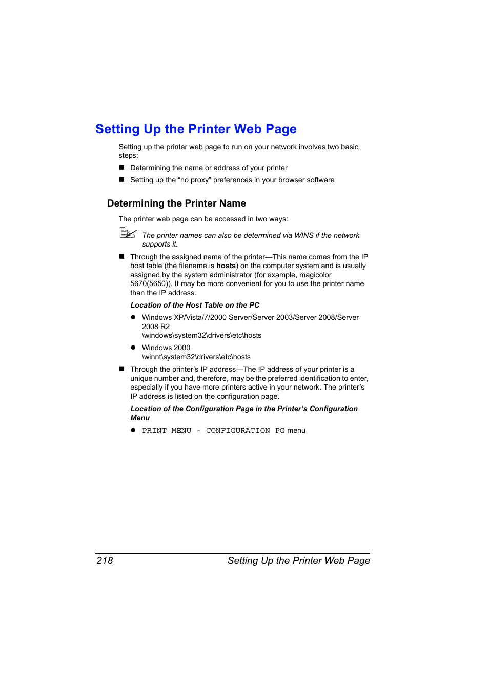 Determining the printer name, Determining the printer name 218, Setting up the printer web page | Konica Minolta magicolor 5650EN User Manual | Page 238 / 430