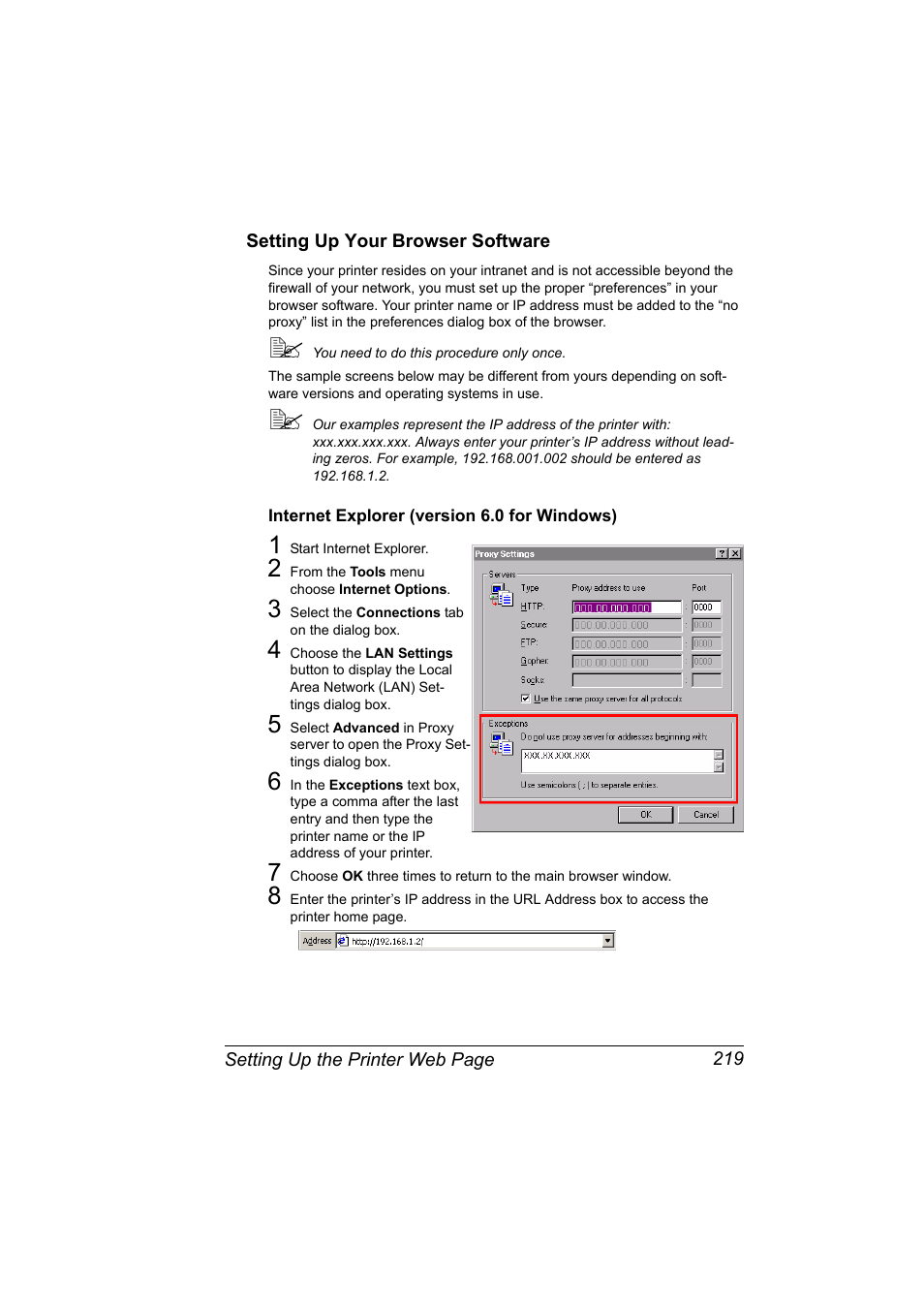 Setting up your browser software, Internet explorer (version 6.0 for windows), Setting up your browser software 219 | Internet explorer (version 6.0 for windows) 219 | Konica Minolta magicolor 5650EN User Manual | Page 239 / 430