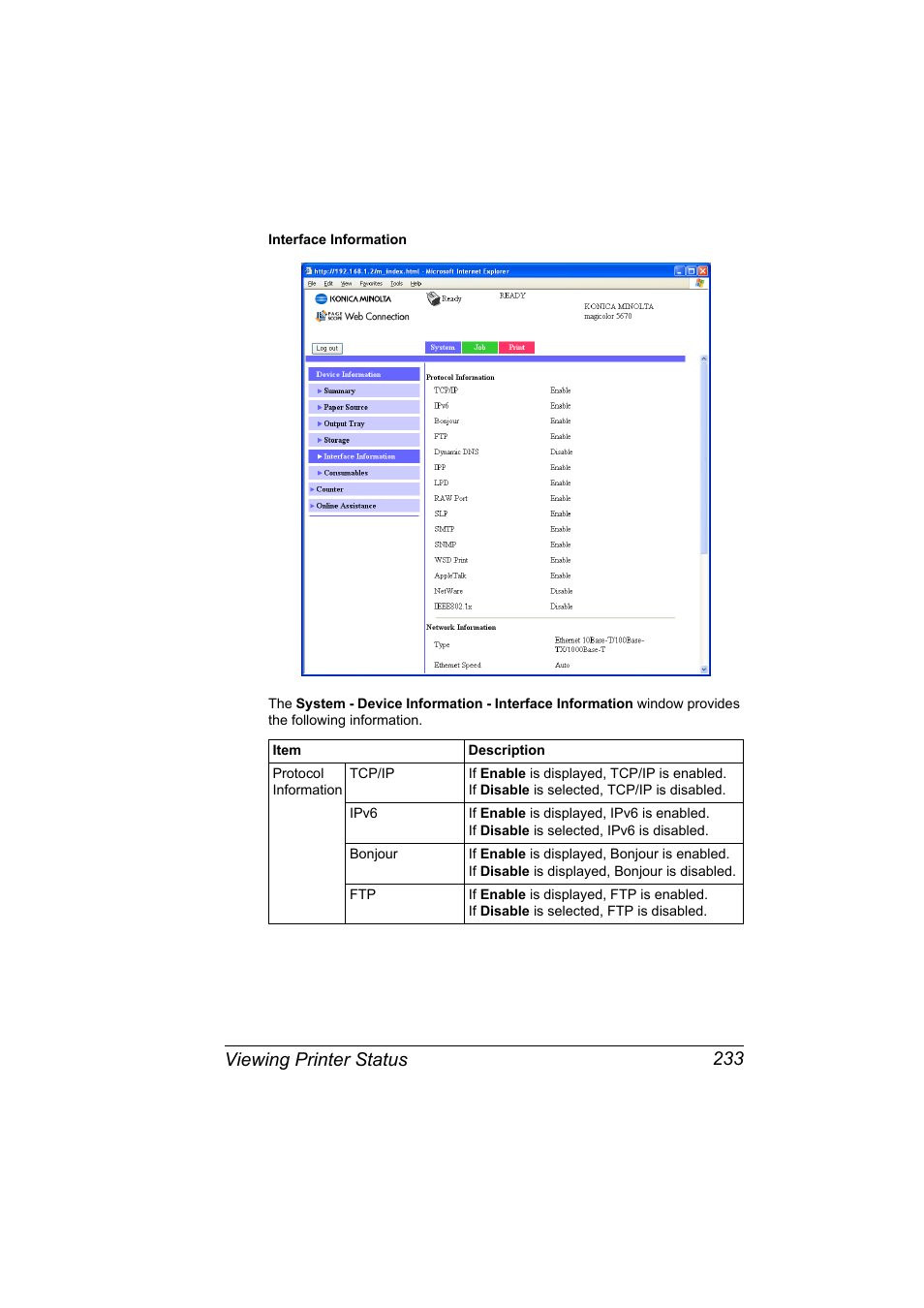 Viewing printer status 233 | Konica Minolta magicolor 5650EN User Manual | Page 253 / 430
