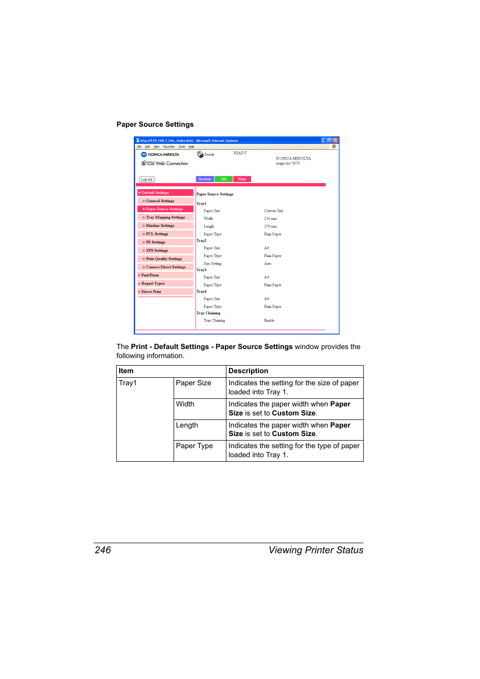 Viewing printer status 246 | Konica Minolta magicolor 5650EN User Manual | Page 266 / 430