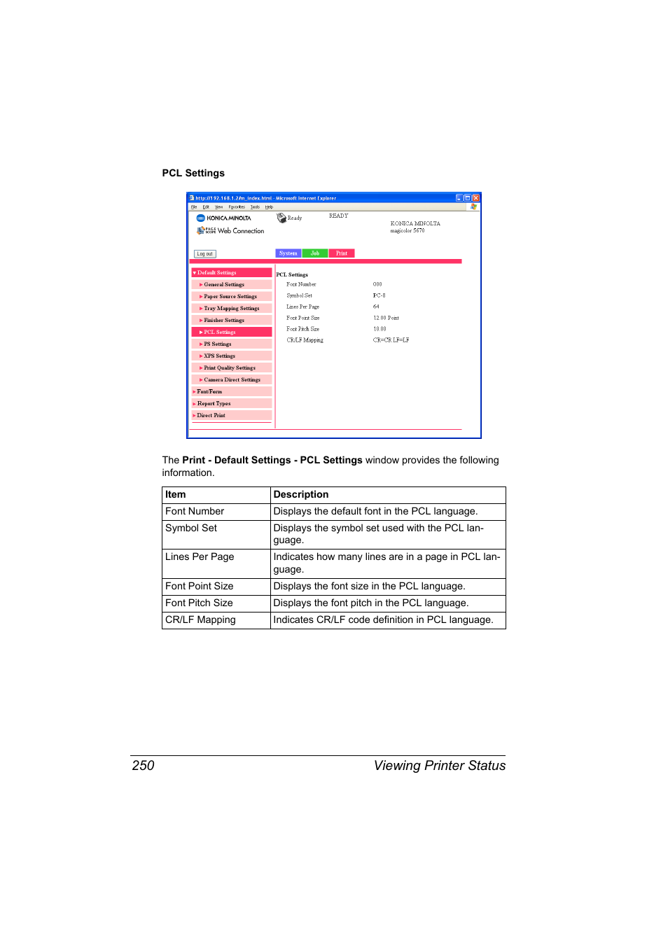 Viewing printer status 250 | Konica Minolta magicolor 5650EN User Manual | Page 270 / 430