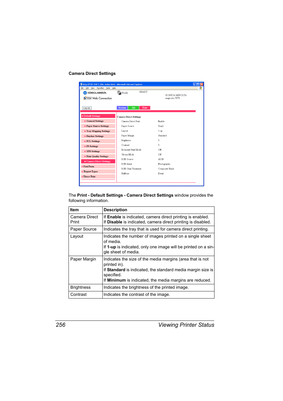 Viewing printer status 256 | Konica Minolta magicolor 5650EN User Manual | Page 276 / 430
