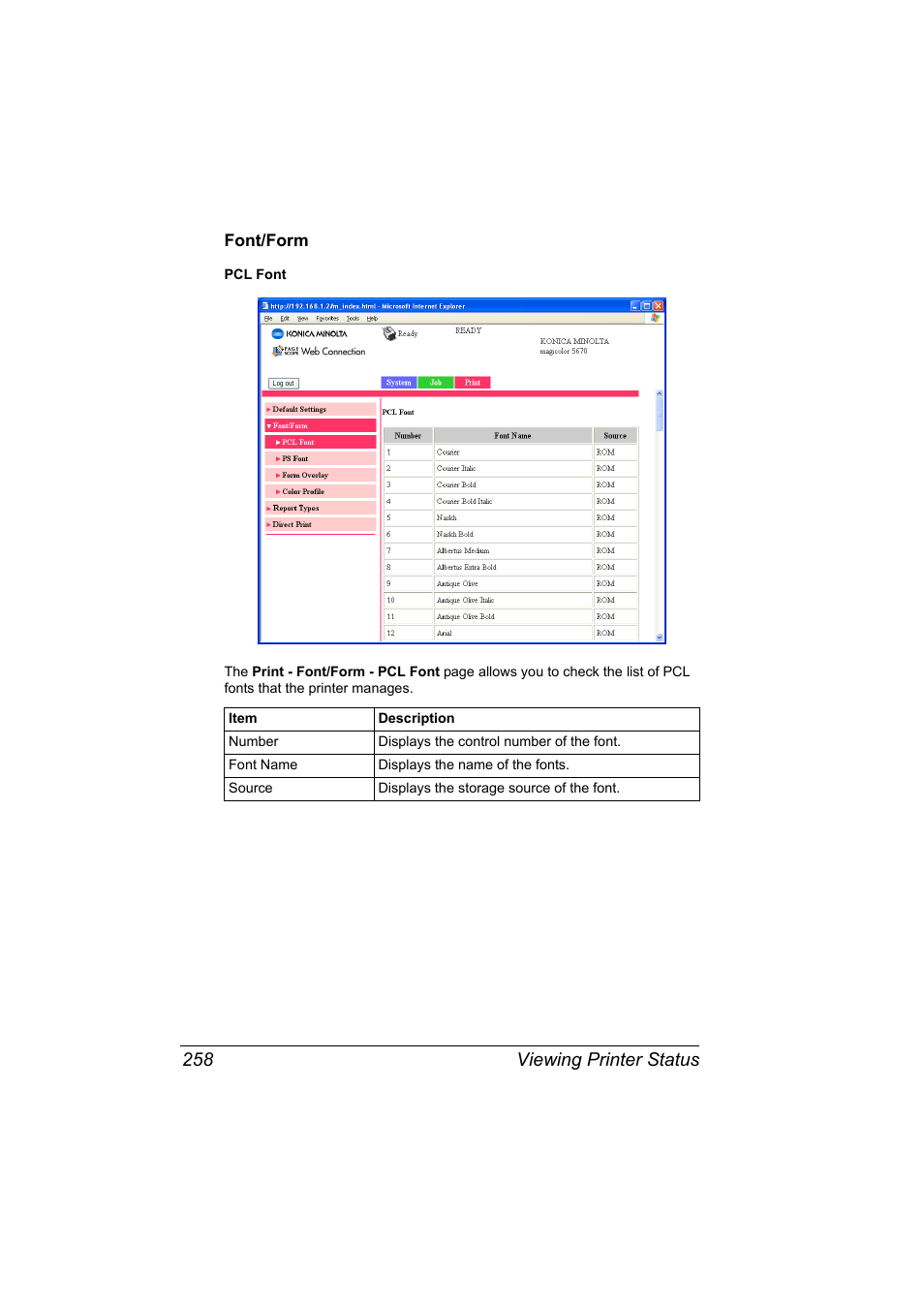 Font/form, Font/form 258, Viewing printer status 258 | Konica Minolta magicolor 5650EN User Manual | Page 278 / 430