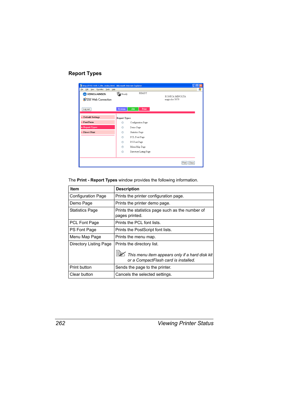 Report types, Report types 262, Viewing printer status 262 | Konica Minolta magicolor 5650EN User Manual | Page 282 / 430