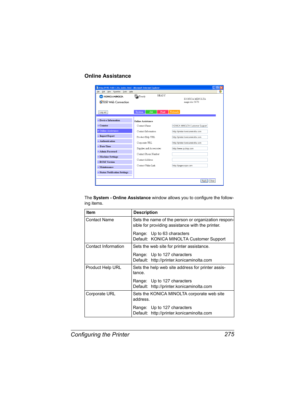 Online assistance, Online assistance 275, Configuring the printer 275 | Konica Minolta magicolor 5650EN User Manual | Page 295 / 430