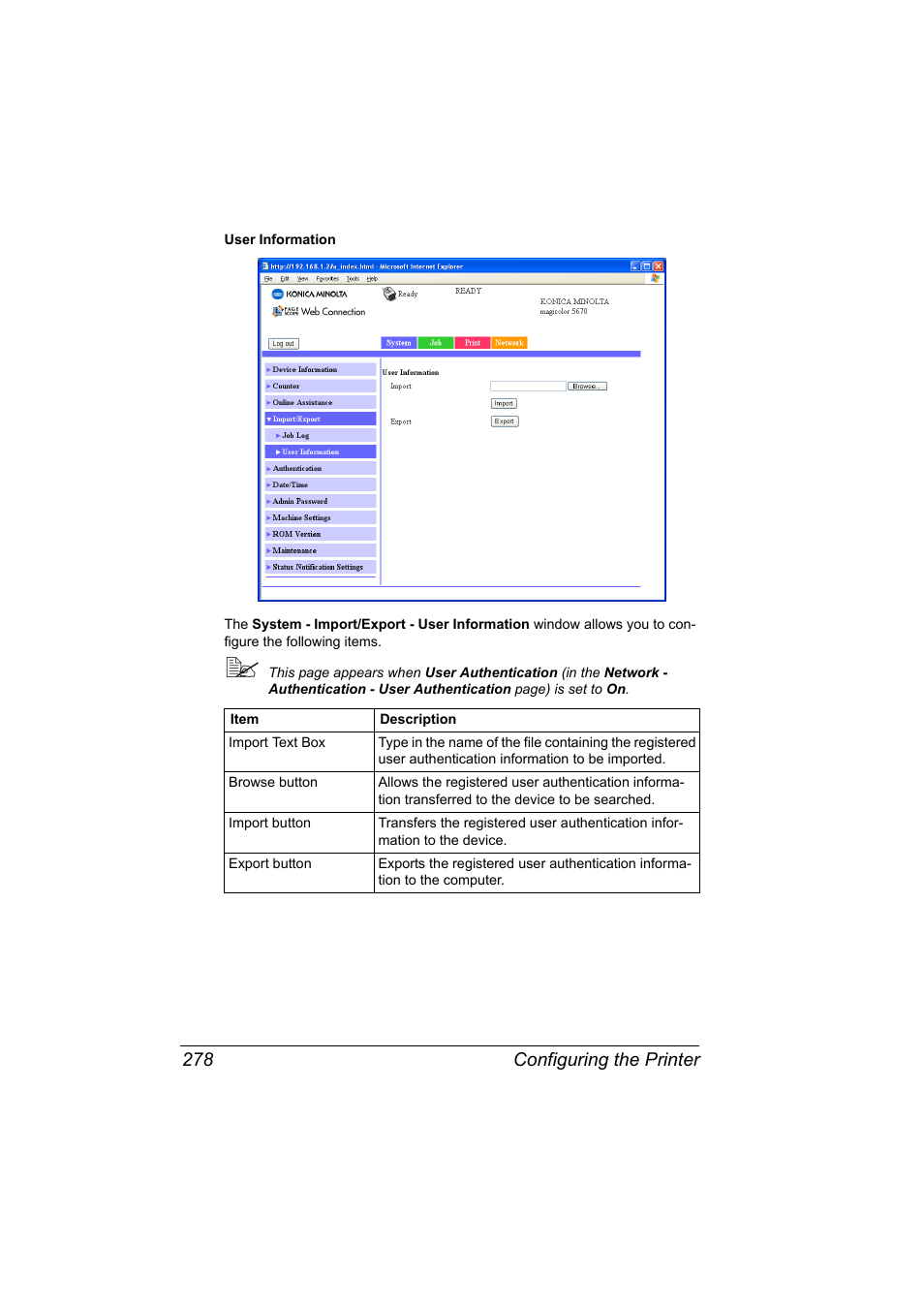 Configuring the printer 278 | Konica Minolta magicolor 5650EN User Manual | Page 298 / 430