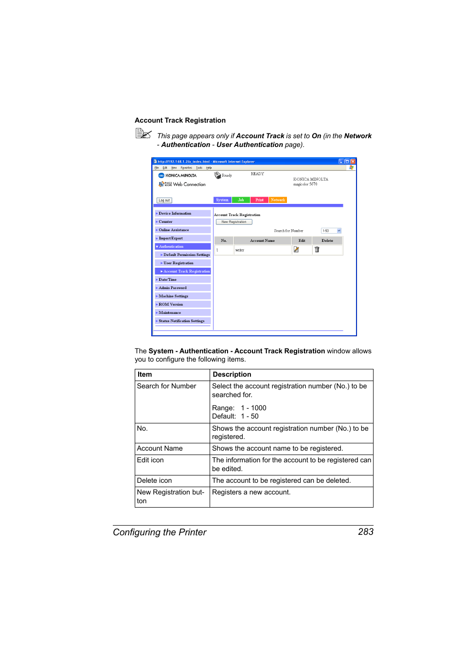 Configuring the printer 283 | Konica Minolta magicolor 5650EN User Manual | Page 303 / 430