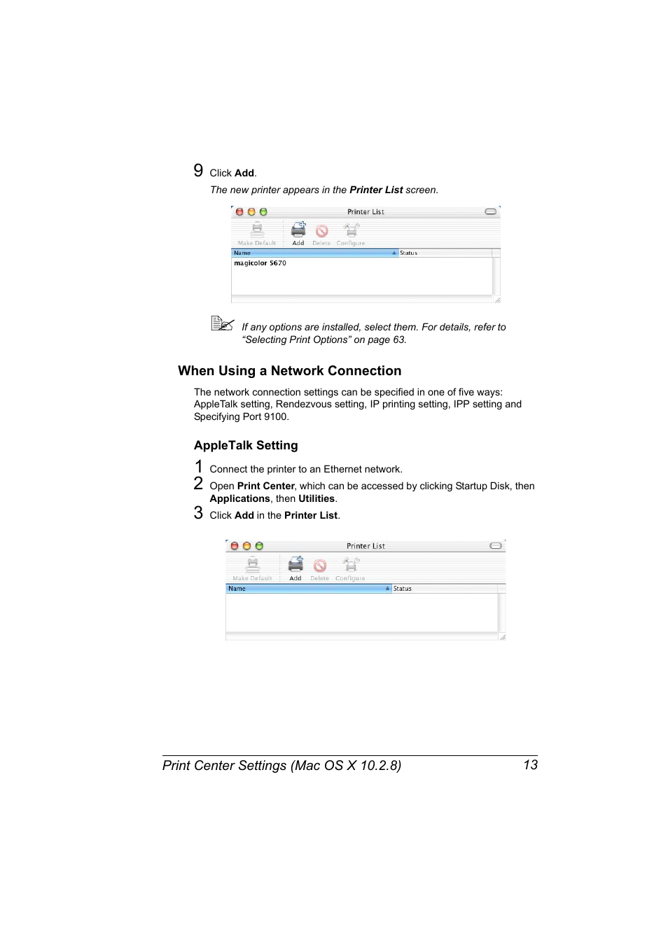 When using a network connection, Appletalk setting, When using a network connection 13 | Appletalk setting 13 | Konica Minolta magicolor 5650EN User Manual | Page 33 / 430