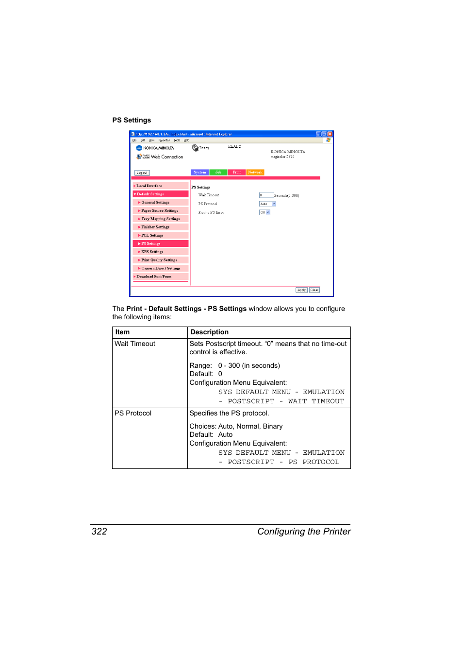 Configuring the printer 322 | Konica Minolta magicolor 5650EN User Manual | Page 342 / 430