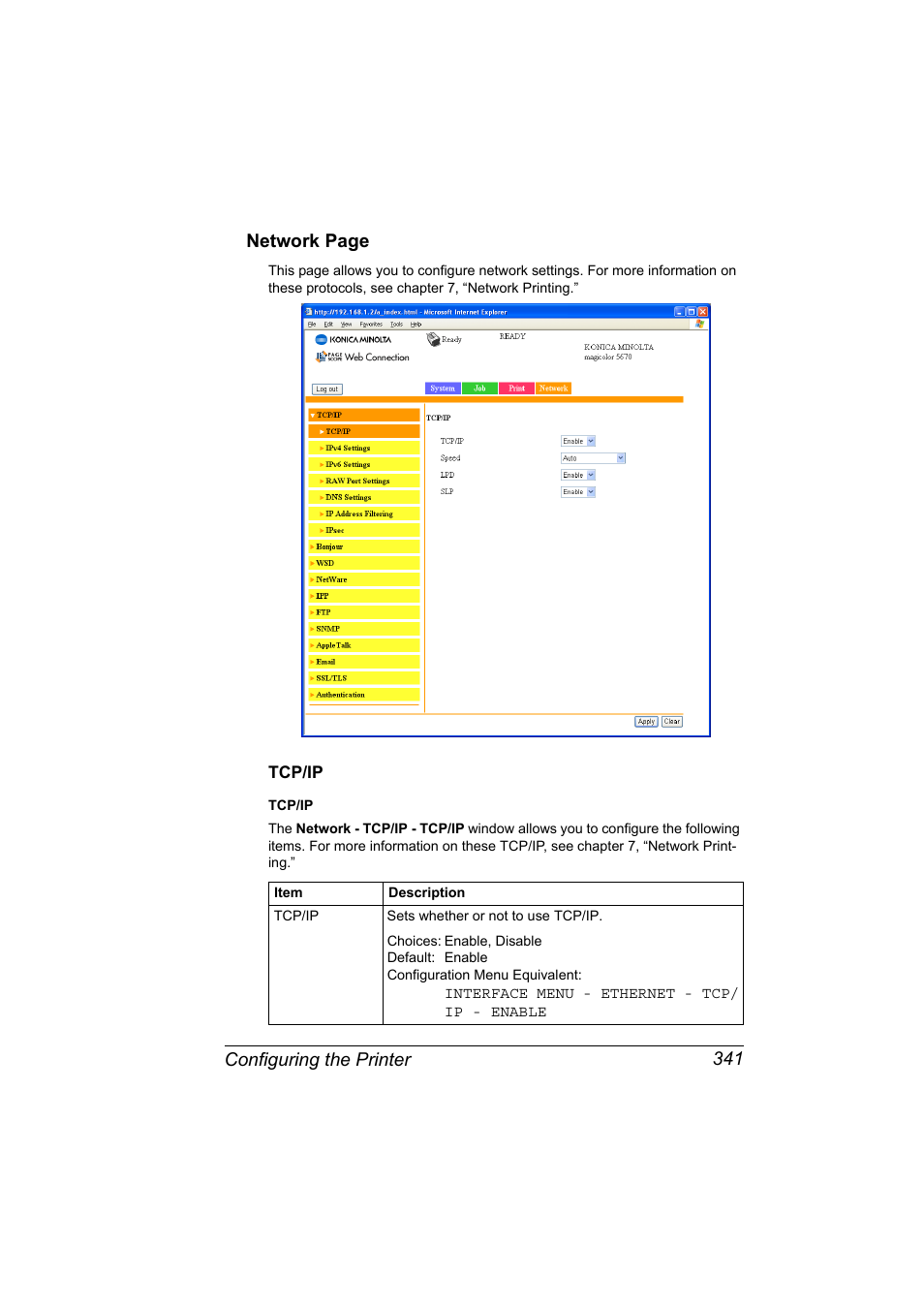 Tcp/ip, Tcp/ip 341, Configuring the printer 341 network page | Konica Minolta magicolor 5650EN User Manual | Page 361 / 430