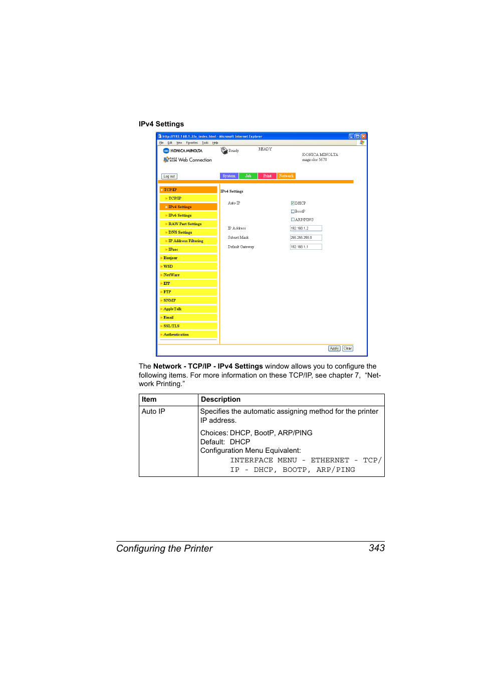 Configuring the printer 343 | Konica Minolta magicolor 5650EN User Manual | Page 363 / 430