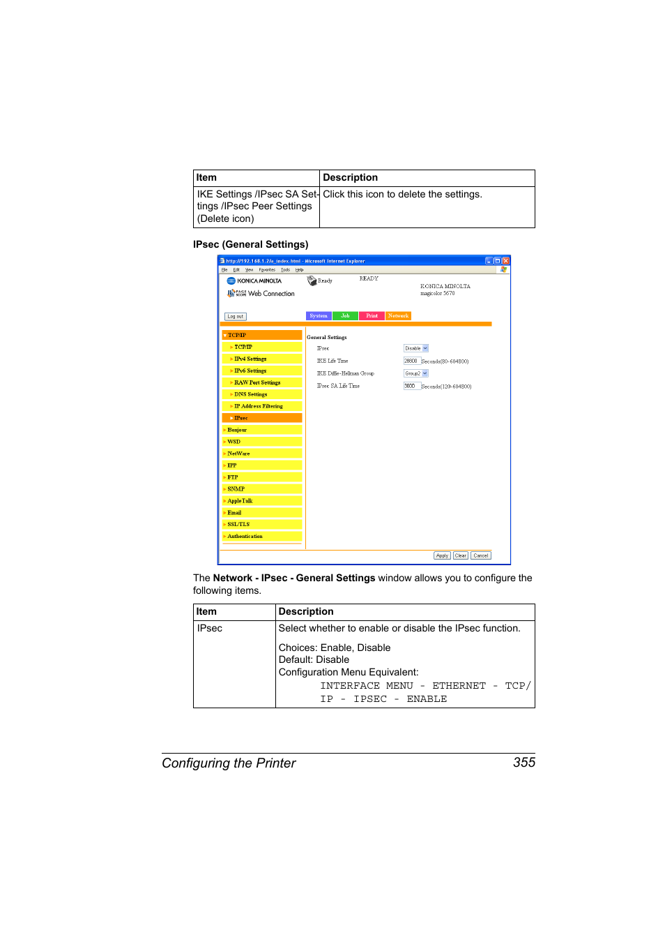 Configuring the printer 355 | Konica Minolta magicolor 5650EN User Manual | Page 375 / 430