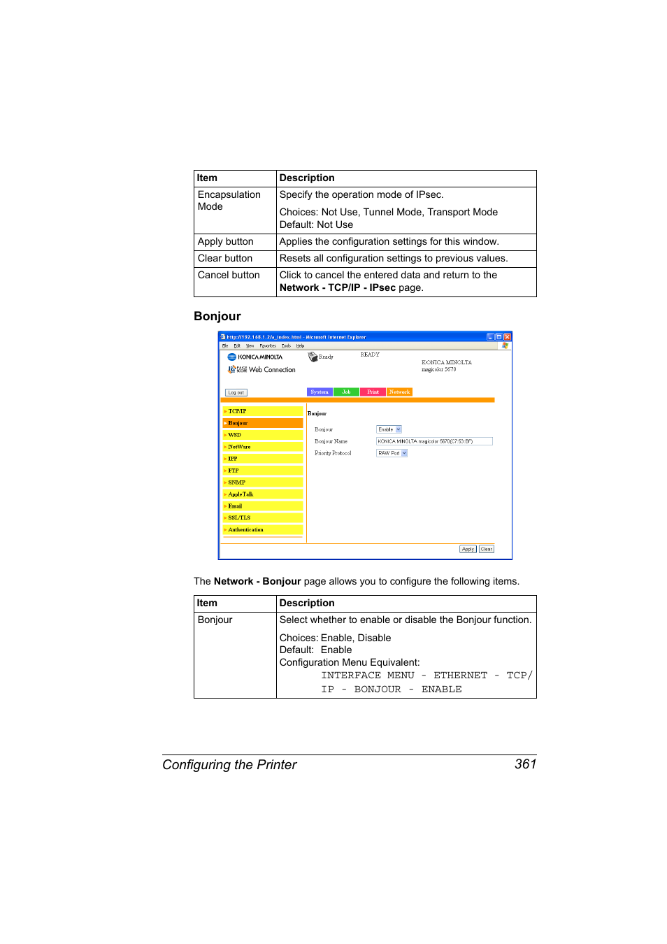 Bonjour, Bonjour 361, Configuring the printer 361 | Konica Minolta magicolor 5650EN User Manual | Page 381 / 430