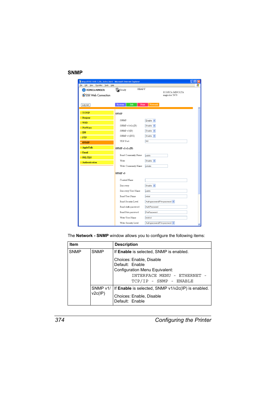 Snmp, Snmp 374, Configuring the printer 374 | Konica Minolta magicolor 5650EN User Manual | Page 394 / 430