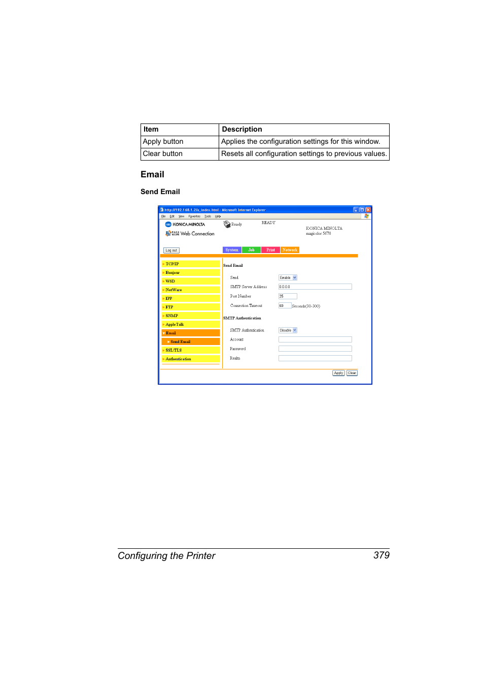 Email, Email 379, Configuring the printer 379 | Konica Minolta magicolor 5650EN User Manual | Page 399 / 430