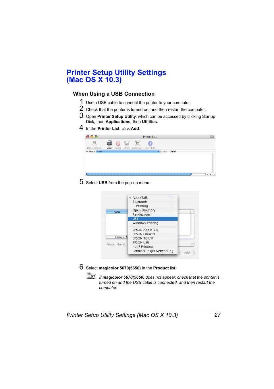 Printer setup utility settings (mac os x 10.3), When using a usb connection, Printer setup utility settings (mac os x 10.3) 27 | When using a usb connection 27 | Konica Minolta magicolor 5650EN User Manual | Page 47 / 430