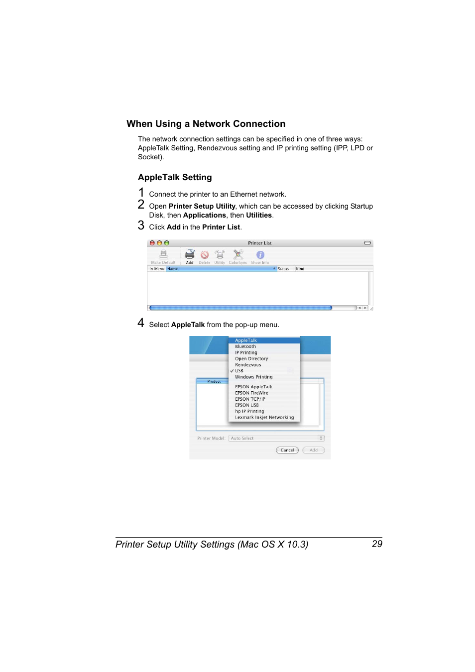 When using a network connection, Appletalk setting, When using a network connection 29 | Appletalk setting 29 | Konica Minolta magicolor 5650EN User Manual | Page 49 / 430