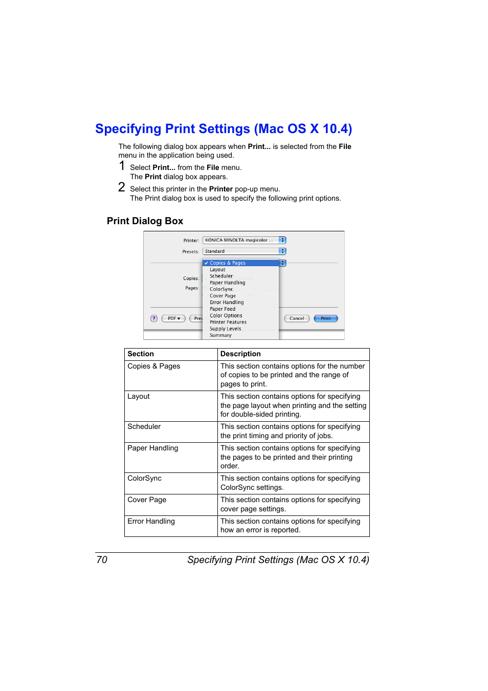 Specifying print settings (mac os x 10.4), Print dialog box, Specifying print settings (mac os x 10.4) 70 | Print dialog box 70 | Konica Minolta magicolor 5650EN User Manual | Page 90 / 430