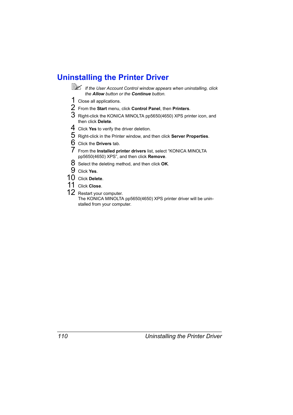 Uninstalling the printer driver, Uninstalling the printer driver 110 | Konica Minolta PagePro 5650EN User Manual | Page 128 / 394