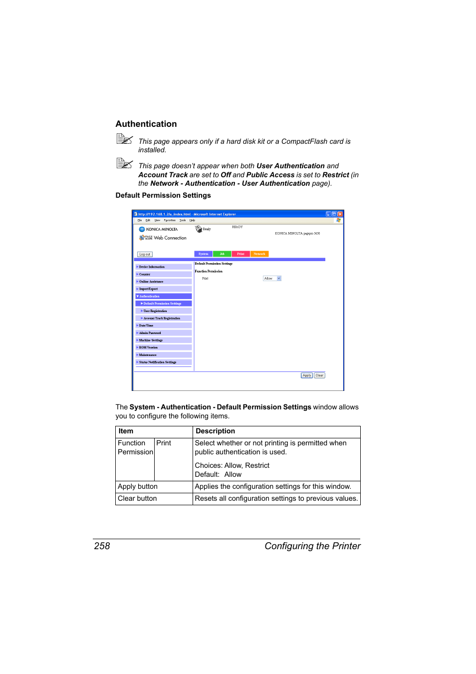 Authentication, Authentication 258 | Konica Minolta PagePro 5650EN User Manual | Page 276 / 394