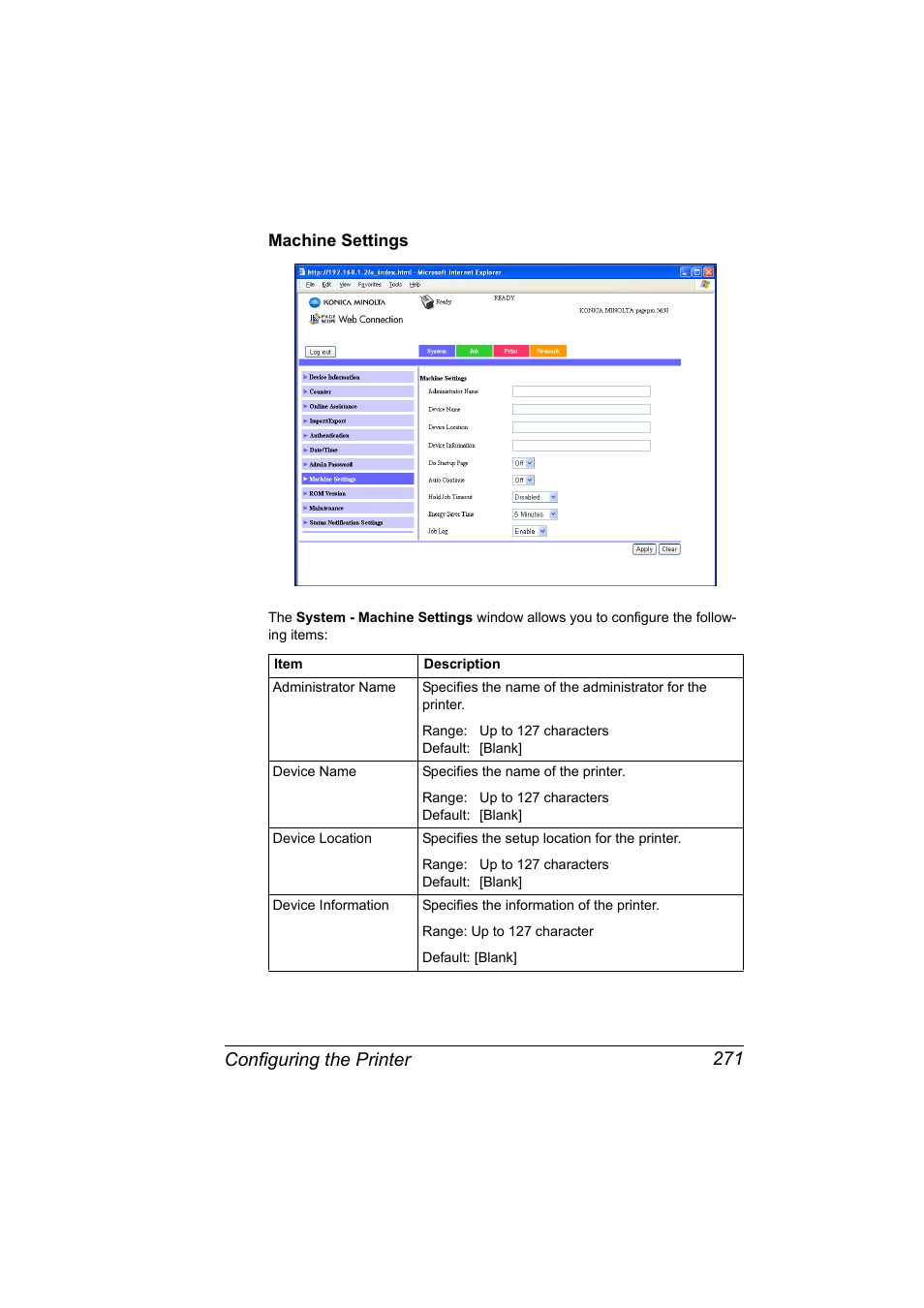 Machine settings, Machine settings 271, Configuring the printer 271 | Konica Minolta PagePro 5650EN User Manual | Page 289 / 394