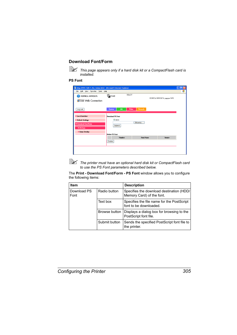 Download font/form, Download font/form 305 | Konica Minolta PagePro 5650EN User Manual | Page 323 / 394