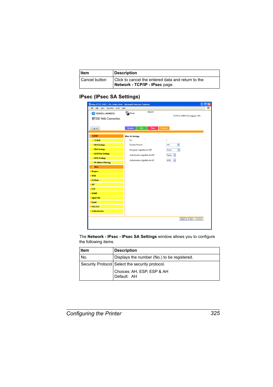 Ipsec (ipsec sa settings), Ipsec (ipsec sa settings) 325, Configuring the printer 325 | Konica Minolta PagePro 5650EN User Manual | Page 343 / 394