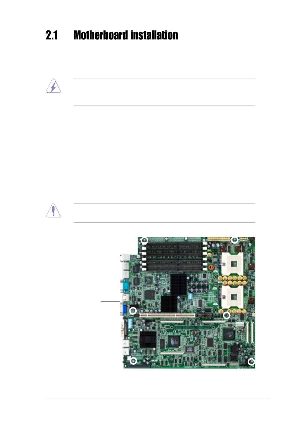 1 motherboard installation, 1 placement direction, 2 screw holes | Asus Motherboard PR-DLSR533 User Manual | Page 27 / 108