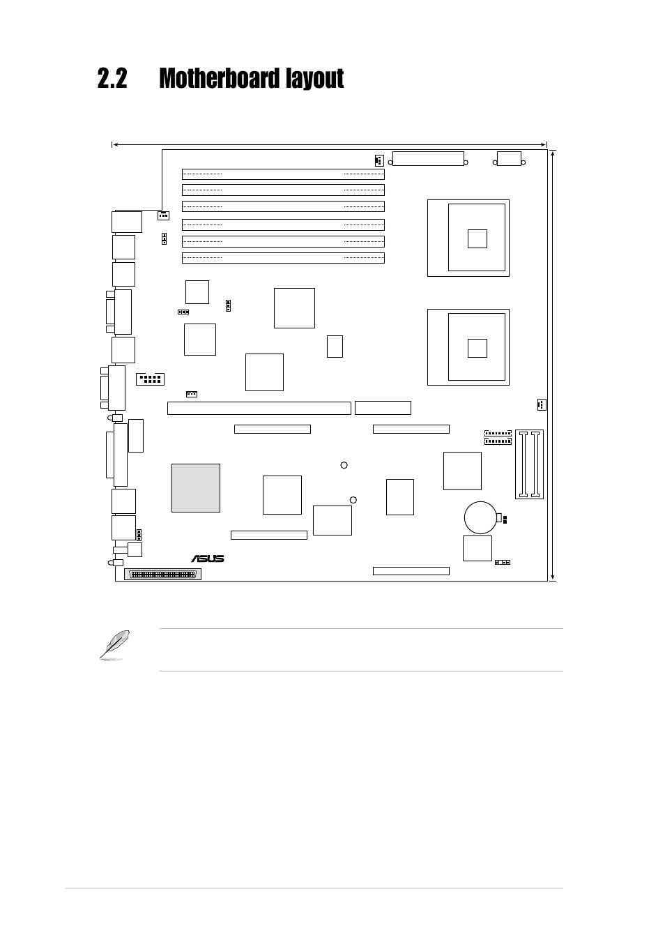 2 motherboard layout, 2 chapter 2: hardware information, 5cm (12in) | 5cm (12 in), Com1 vga, Scsi-b, Super i/o, Mpga604 | Asus Motherboard PR-DLSR533 User Manual | Page 28 / 108