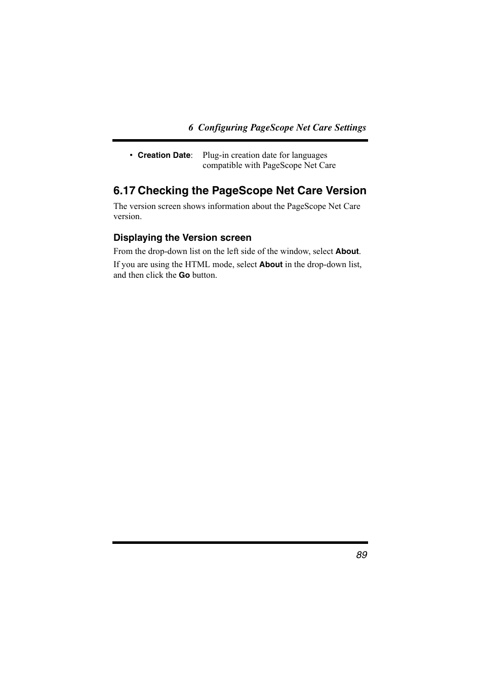 Displaying the version screen, Version, 17 checking the pagescope net care version | Konica Minolta bizhub C31P User Manual | Page 100 / 147