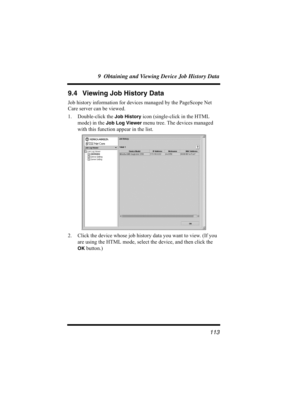 4 viewing job history data, Viewing job history data | Konica Minolta bizhub C31P User Manual | Page 124 / 147