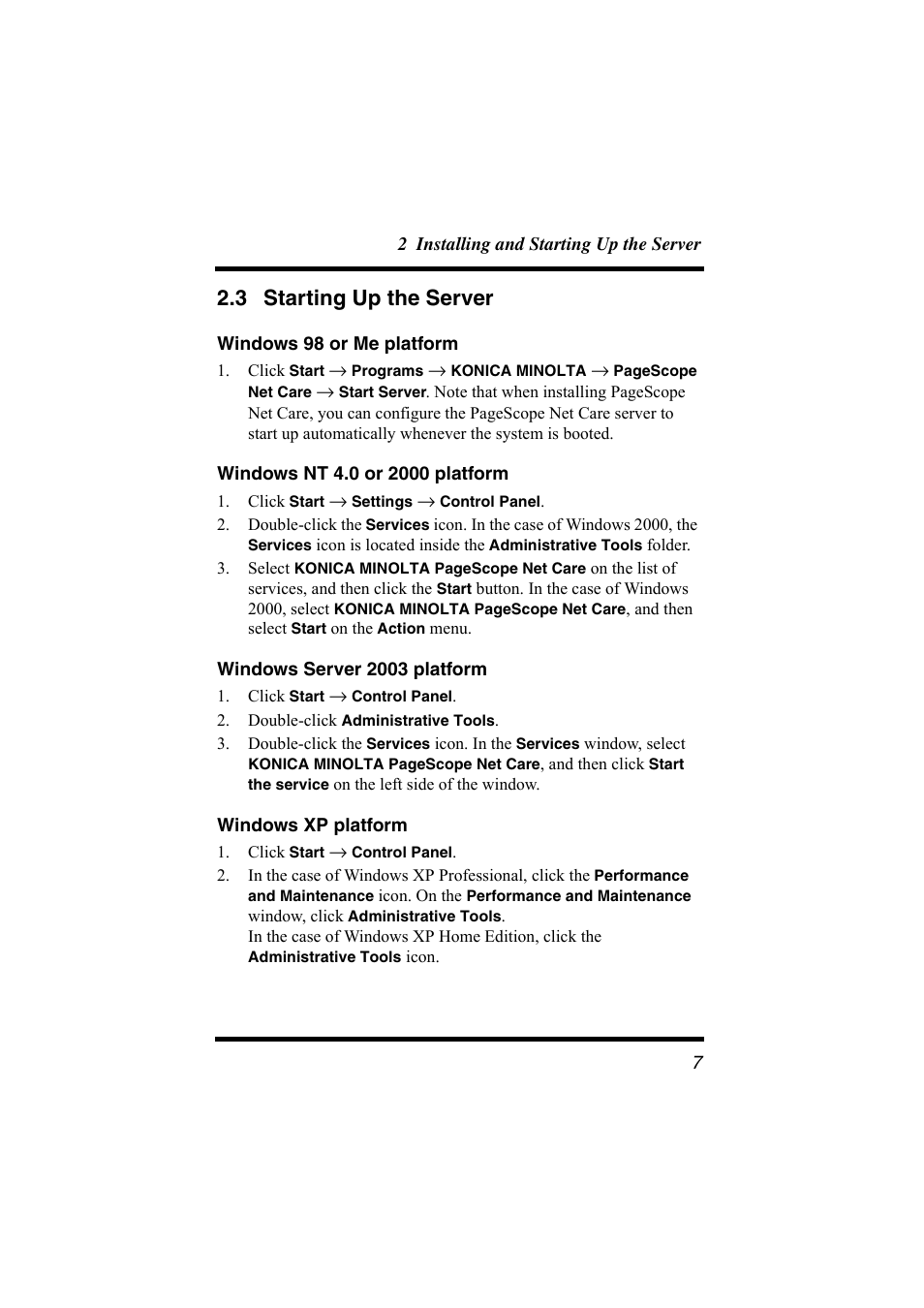 3 starting up the server, Windows 98 or me platform, Windows nt 4.0 or 2000 platform | Windows server 2003 platform, Windows xp platform, Starting up the server | Konica Minolta bizhub C31P User Manual | Page 18 / 147