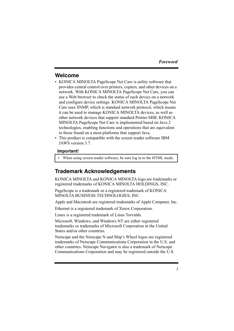 Welcome, Trademark acknowledgements | Konica Minolta bizhub C31P User Manual | Page 2 / 147