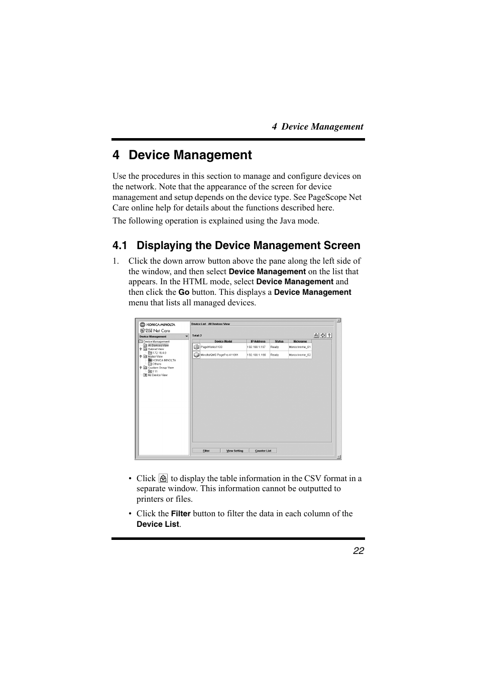 4 device management, 1 displaying the device management screen, Displaying the device management screen | Konica Minolta bizhub C31P User Manual | Page 33 / 147