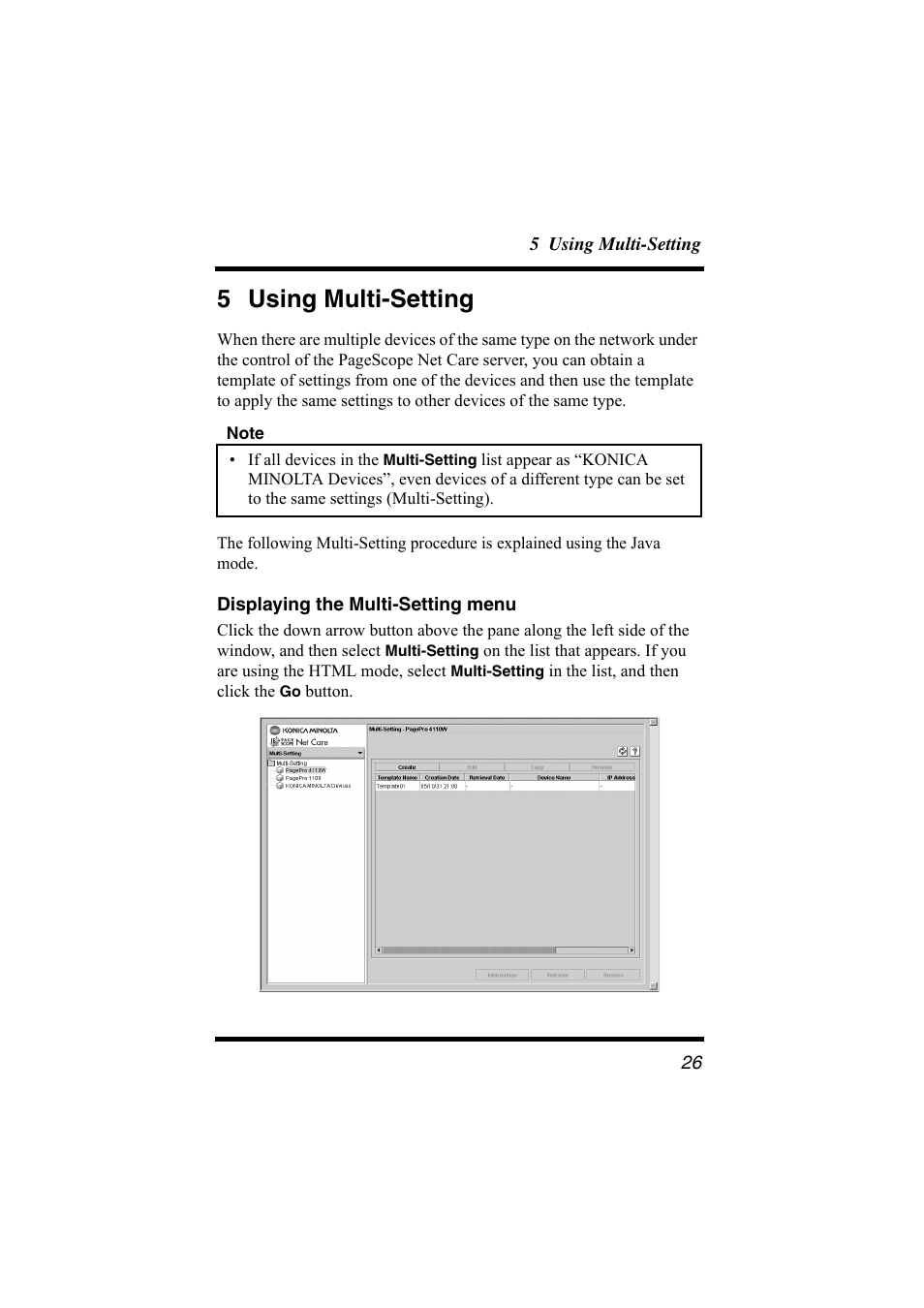 5 using multi-setting, Displaying the multi-setting menu | Konica Minolta bizhub C31P User Manual | Page 37 / 147