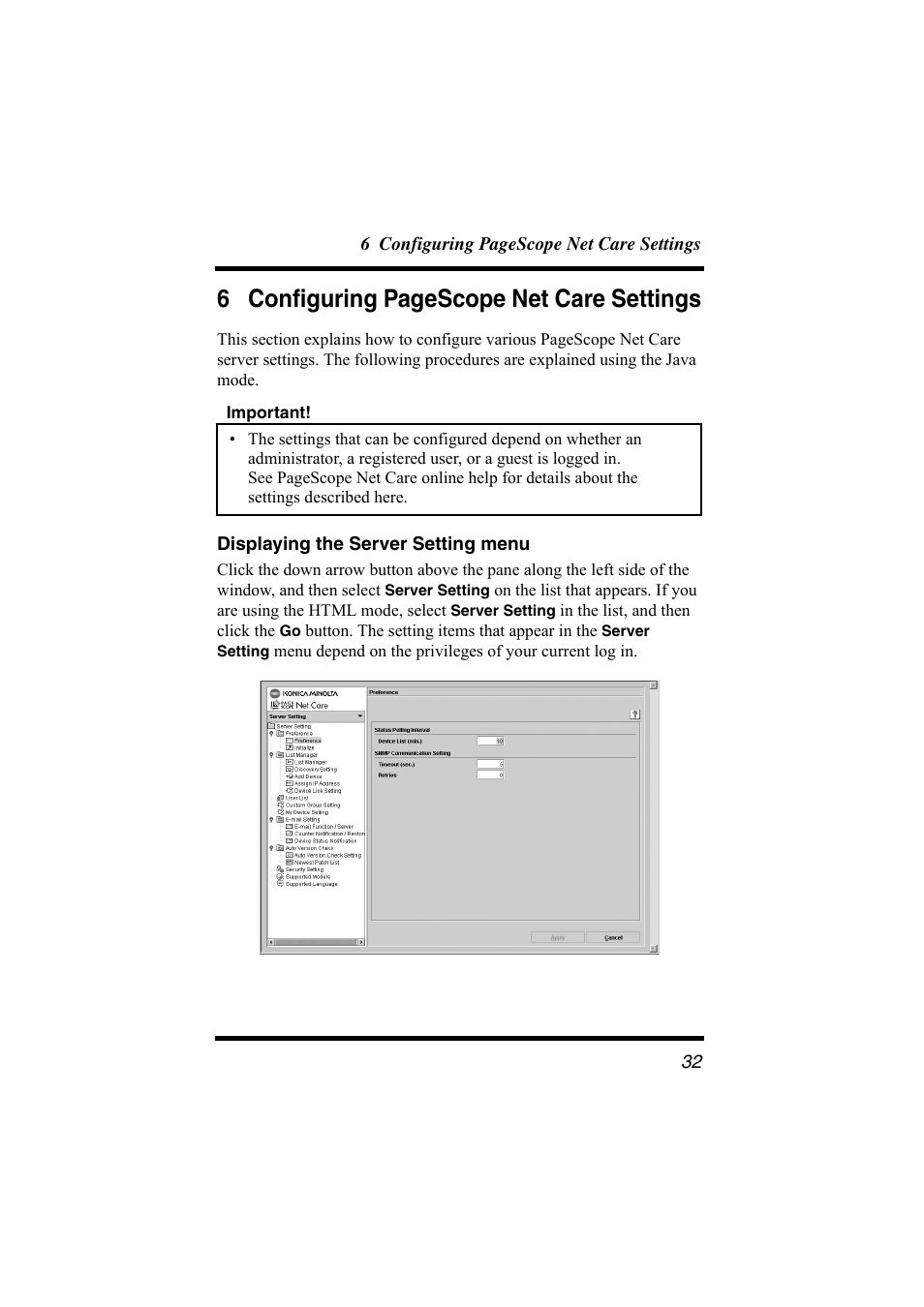 Displaying the server setting menu, Settings, 6 configuring pagescope net care settings | Konica Minolta bizhub C31P User Manual | Page 43 / 147