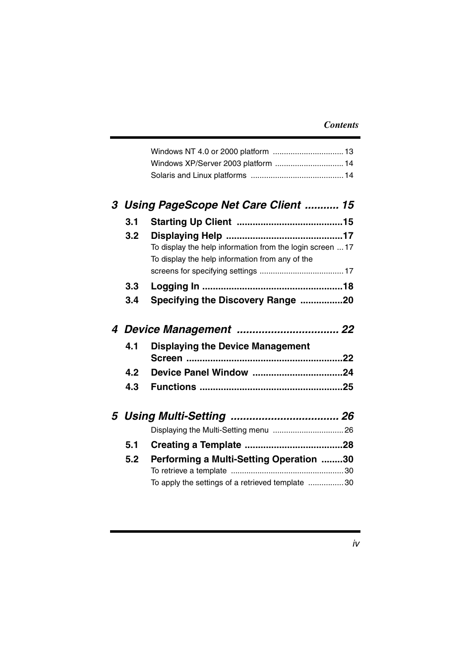 3 using pagescope net care client, 4 device management, 5 using multi-setting | Konica Minolta bizhub C31P User Manual | Page 5 / 147