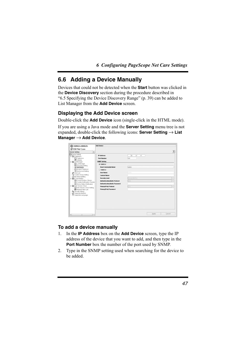 6 adding a device manually, Displaying the add device screen, To add a device manually | Adding a device manually | Konica Minolta bizhub C31P User Manual | Page 58 / 147