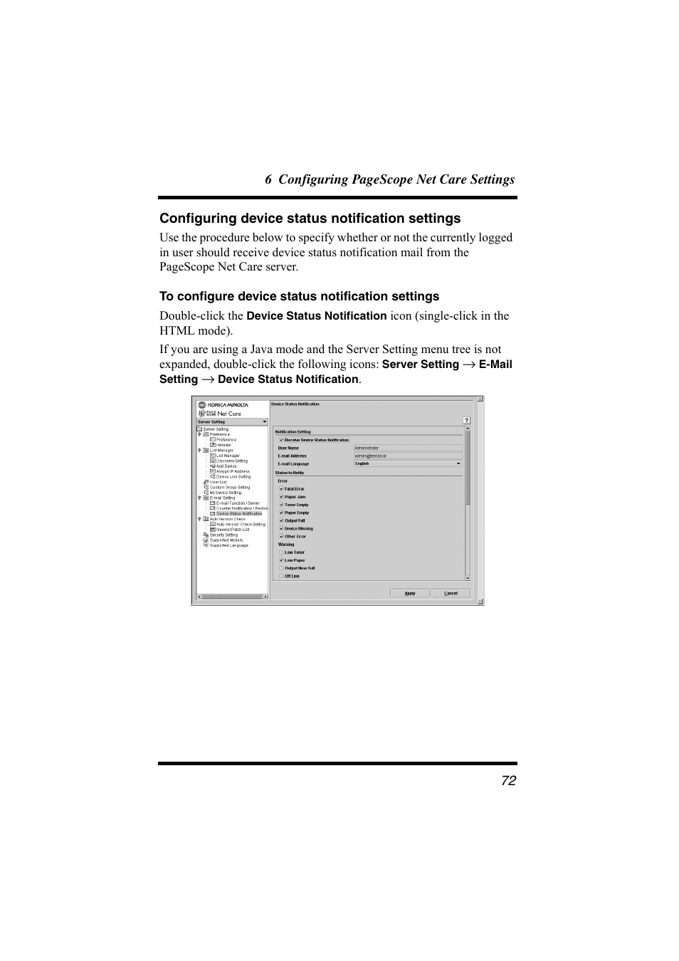 Configuring device status notification settings | Konica Minolta bizhub C31P User Manual | Page 83 / 147