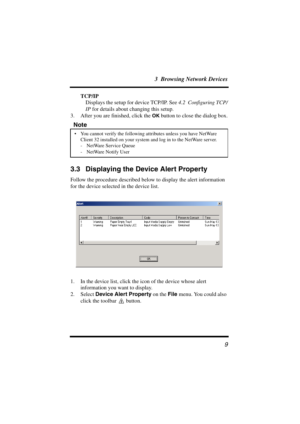 3 displaying the device alert property, Displaying the device alert property | Konica Minolta BIZHUB C30P User Manual | Page 14 / 38