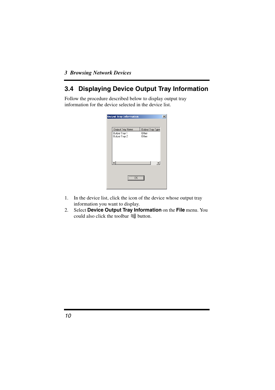 4 displaying device output tray information, Displaying device output tray, Information | Konica Minolta BIZHUB C30P User Manual | Page 15 / 38