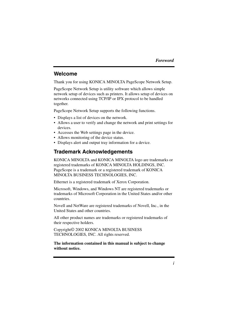 Welcome, Trademark acknowledgements | Konica Minolta BIZHUB C30P User Manual | Page 2 / 38
