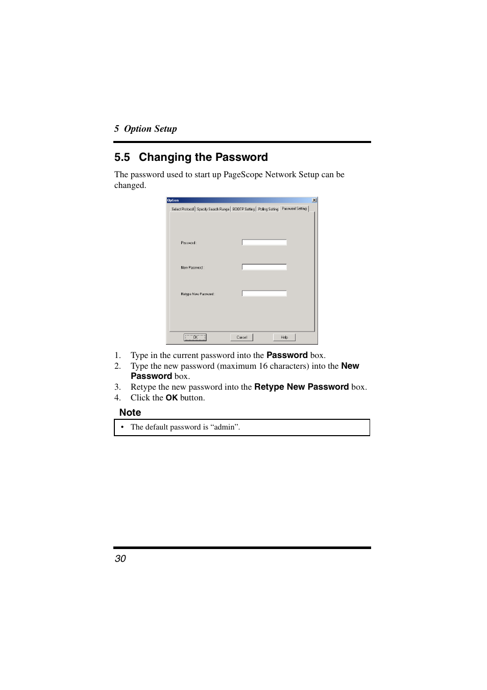 5 changing the password, Changing the password, 5 changing the | Password, Ee 5.5 changing the password ) | Konica Minolta BIZHUB C30P User Manual | Page 35 / 38