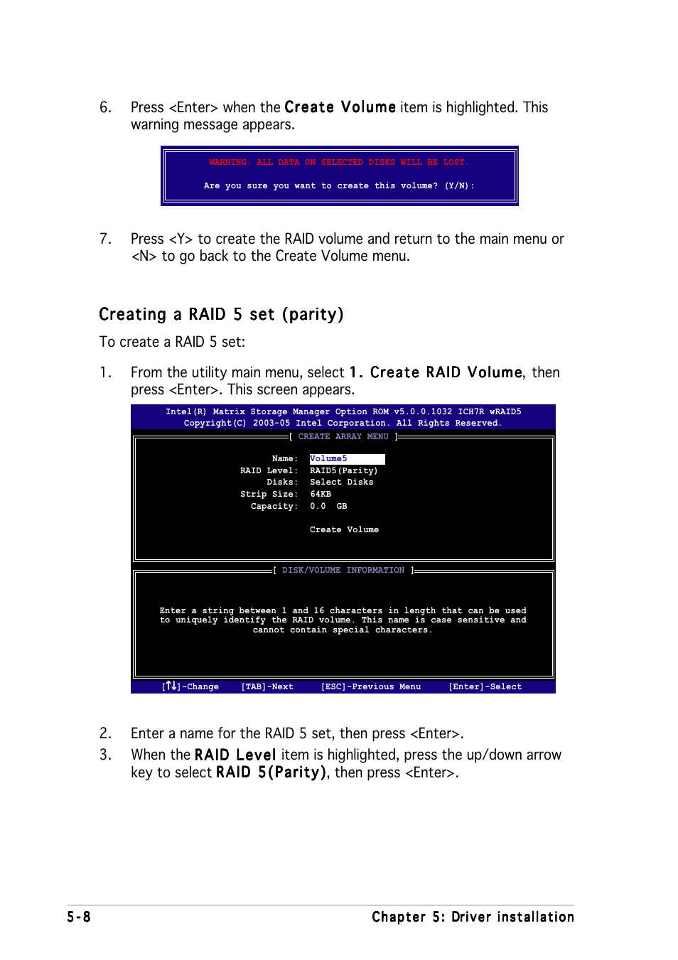 Creating a raid 5 set (parity) | Asus Motherboard P5MT-M User Manual | Page 106 / 150