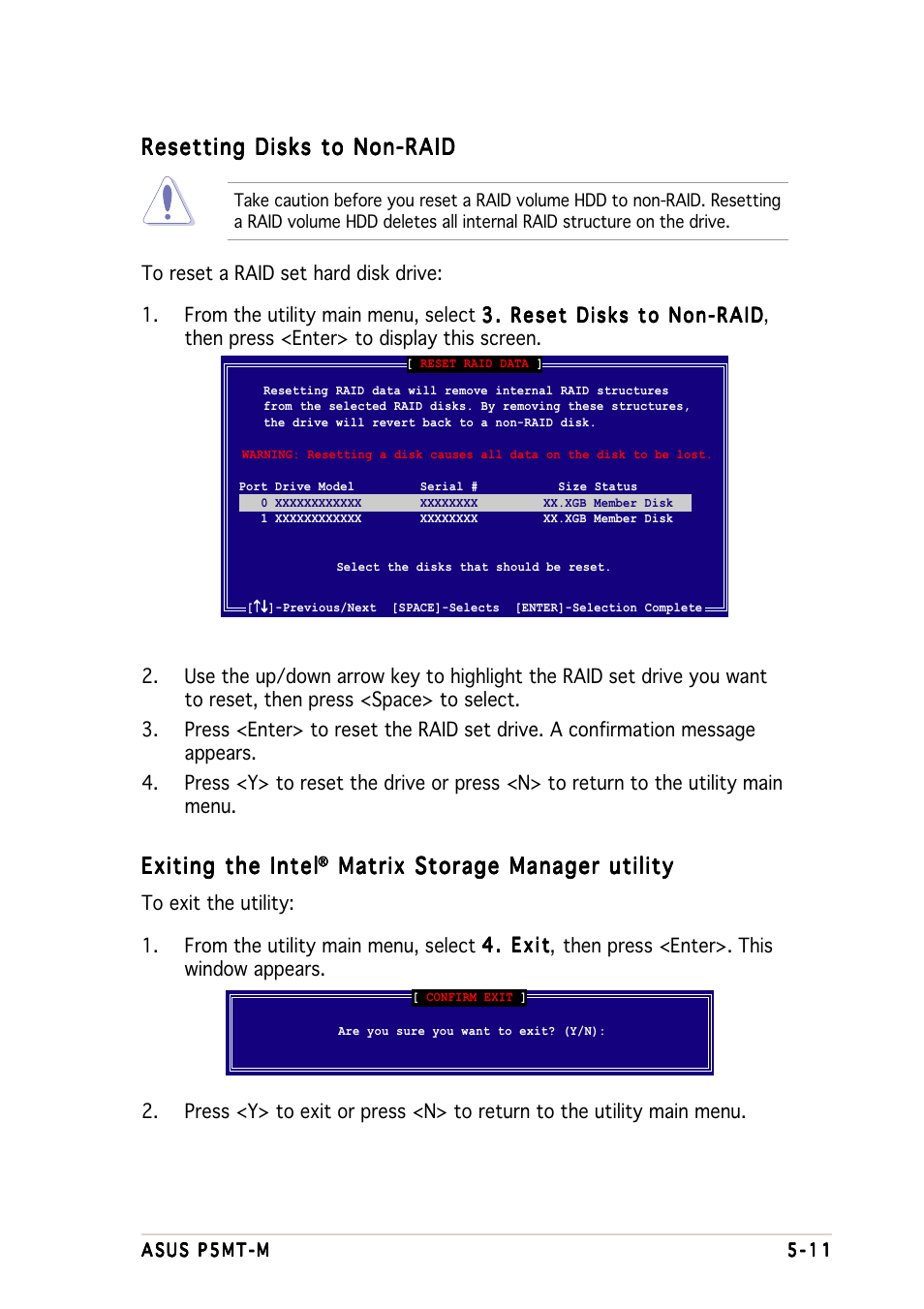 Exiting the intel, Matrix storage manager utility, Resetting disks to non-raid | Asus Motherboard P5MT-M User Manual | Page 109 / 150